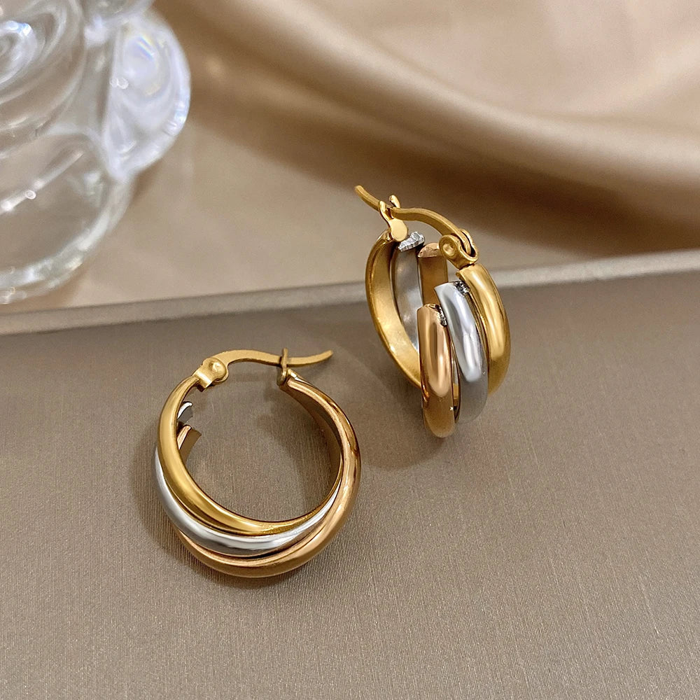 Trendy Stainless Steel U-shaped Twisted Hoop Earrings for Women Classic Triple Color Metal Waterproof Earrings Party Jewelry