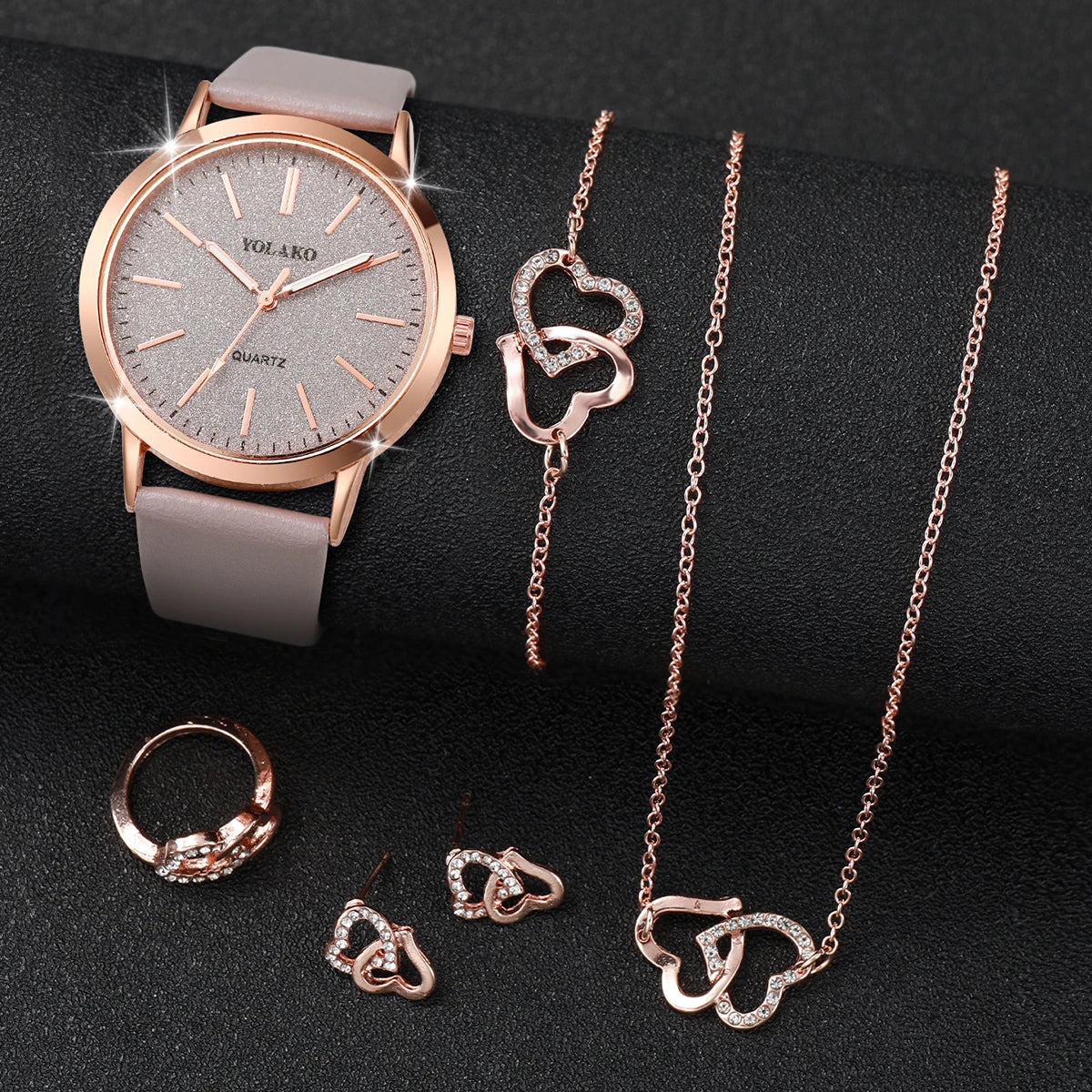 6PCS/Set Fashion Frosted Dial Women's Quartz Watch Leather Band Wrist Watches Heart Jewelry Set（Without Box）