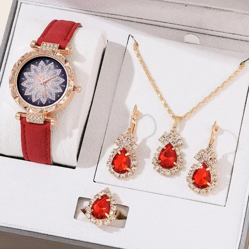 5/6PCS Set Rose Gold Luxury Watch Women Ring Necklace Earring Rhinestone Fashion Wristwatch Casual Ladies Bracelet( No Box)