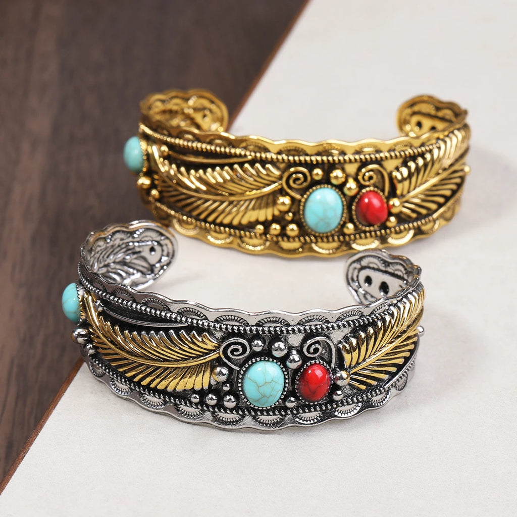Alloy Oval Turquoise Bracelet Vintage Gold Silver Atmosphere Calm Men And Women Companion Open Bracelet Wholesale Resale