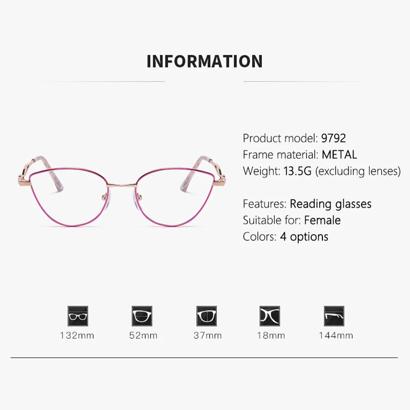 Cat Eye Frame Anti Blue Light Reading Glasses, Fashionable And Youthful, Women's Metal Frame Reading Glasses 9792