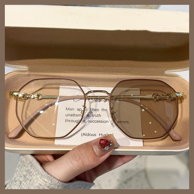 New Anti-blue Photochromic Myopia Finished Glasses Polygon Anti-ultraviolet Near-sight Eyeglasses Ultralight Vintage Glasses