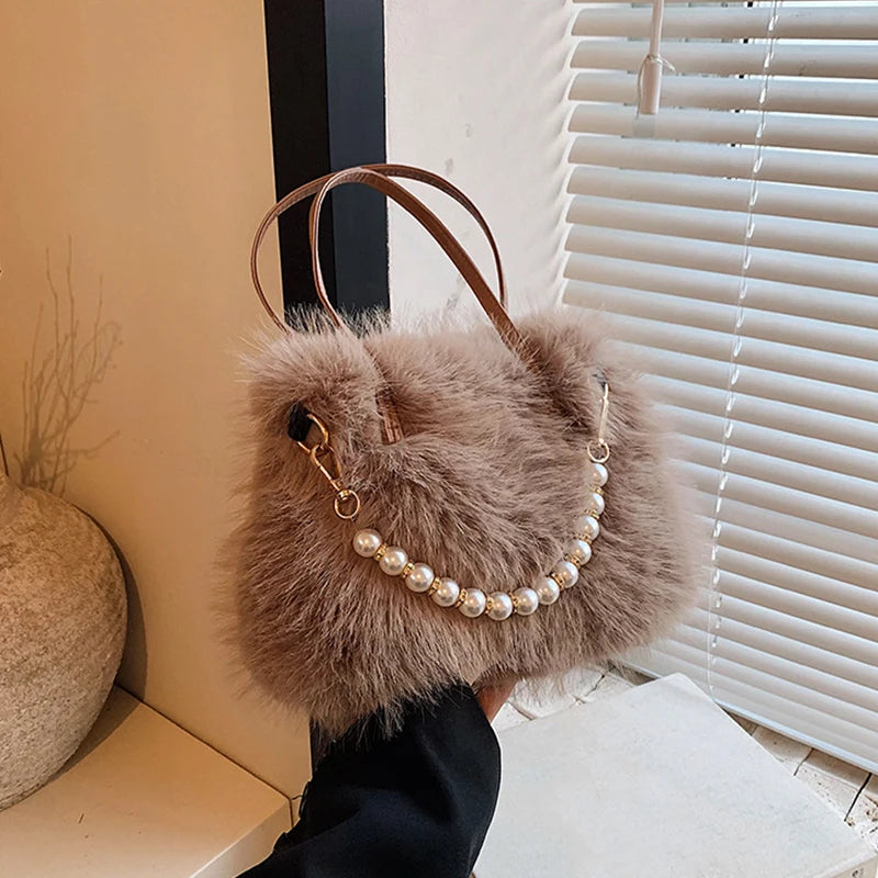 Winter Fashion Faux Fur Crossbody Bags for Women's Gift, Pearl Chain Decor Shoulder Bag, Ladies Handbags Top-handel Bag