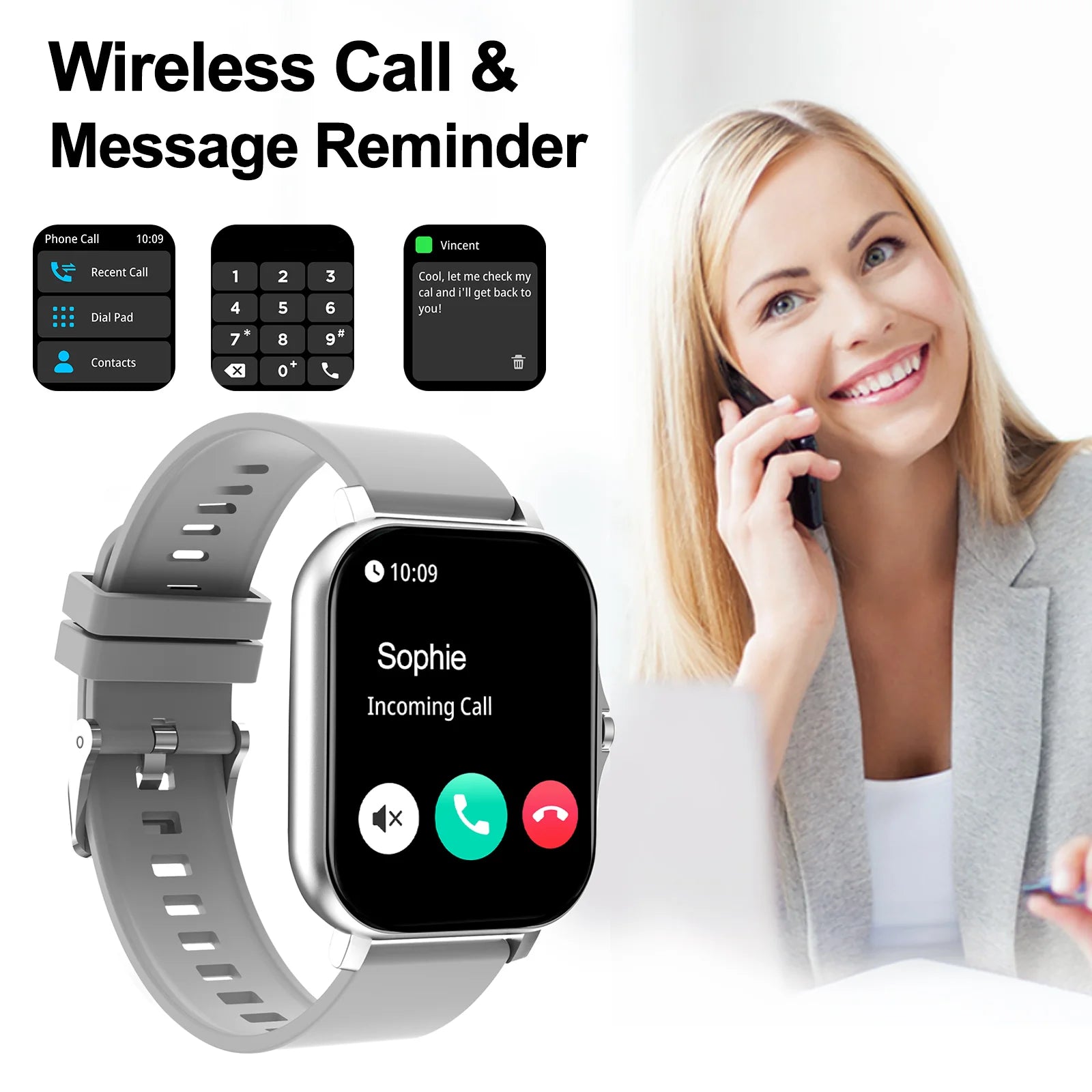 Smart watch, wireless calling /dial, multi -Sport mode, calling reminder and rejection,information reminder,for iPhone/Andriod