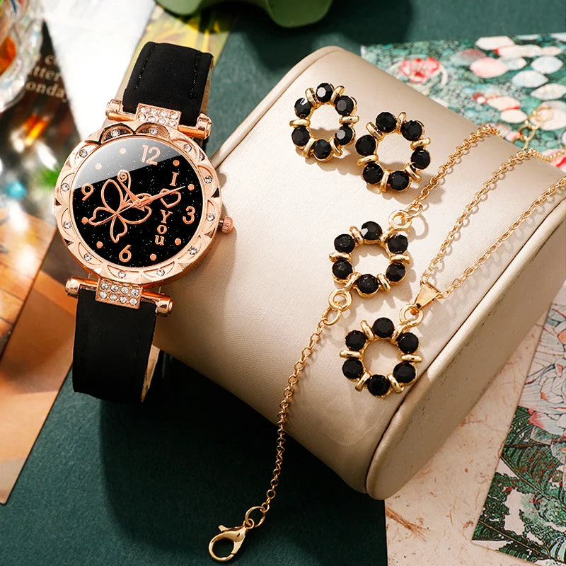 Women's watch with minimalist elements dialing quartz watch latex belt jewelry set for girls' gift