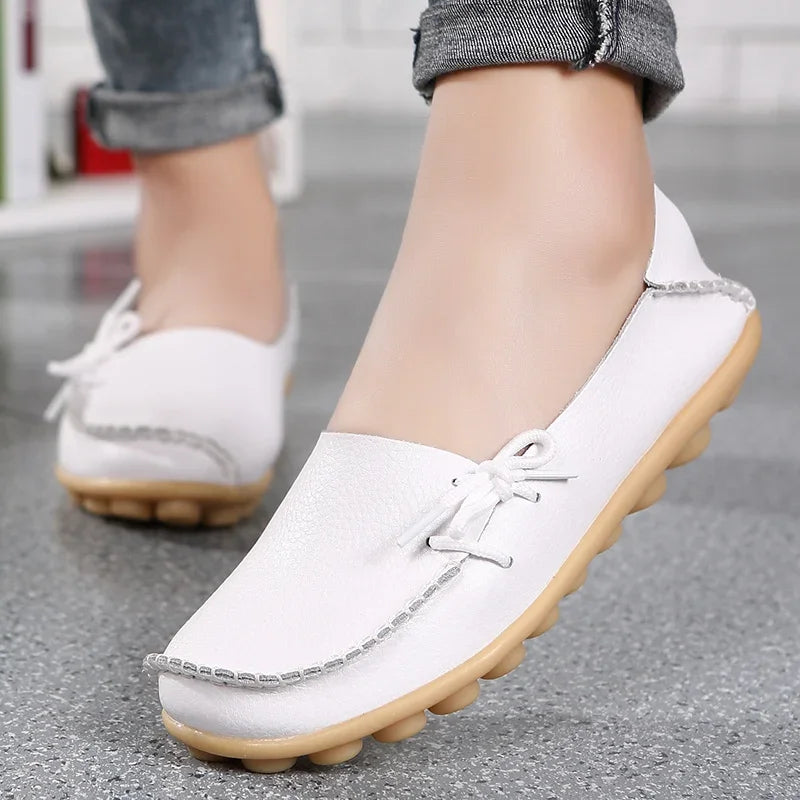 Moccasins Women Flats  Autumn New Woman Loafers Genuine Leather Female Shoes Slip on Ballet Bowtie Women's Shoes Big Size