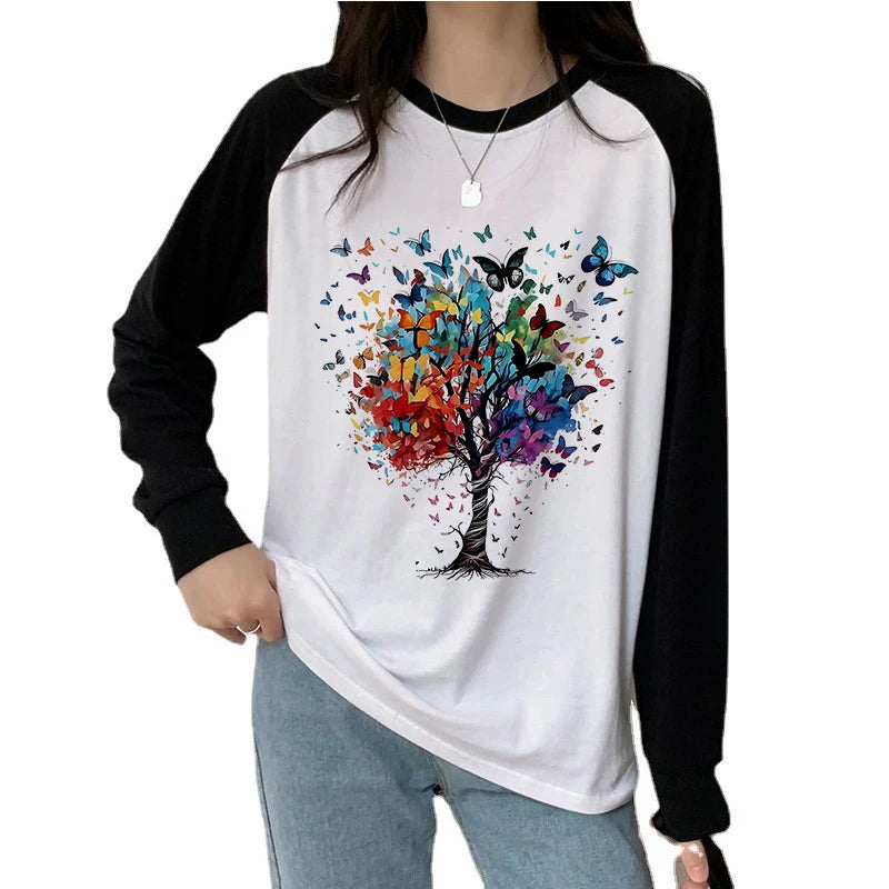 Butterfly Tree Print Long Sleeve T-Shirt All Seasons Funny Gothic T Shirt Women's Casual Print Crew Neck Top Tee Tshirt Clothing