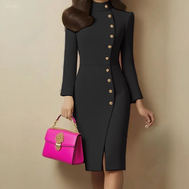 elegant long sleeve bodycon midi dress women 2025 fall winter button slim dresses casual