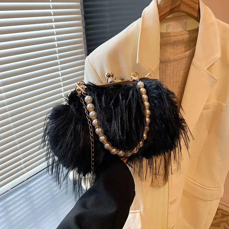 Luxury Faux Fur Evening Bag Fluffy Solid Color Shoulder Bag Large Capacity Pearl Handle Clutch Crossbody Bag For Women