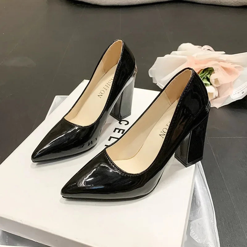 Square Heels Pumps Women Shoes Patent Leather Sexy Wedding Party Official Leisure Super Big Szie 2024