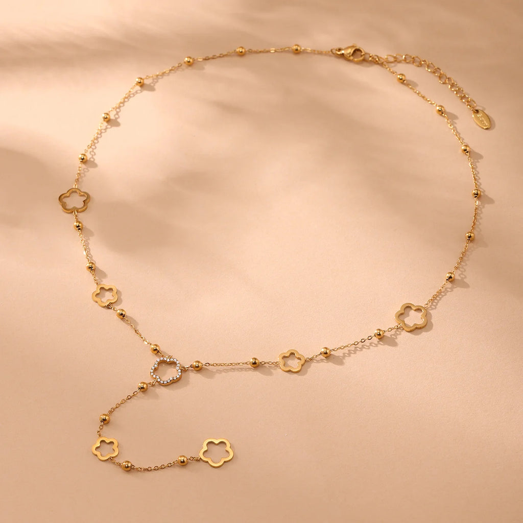 Nivora Flower Chain Stainless Steel Zircon Long Necklacs For Women PVD Gold Plated Metal Female Collar Party Wedding Jewelry