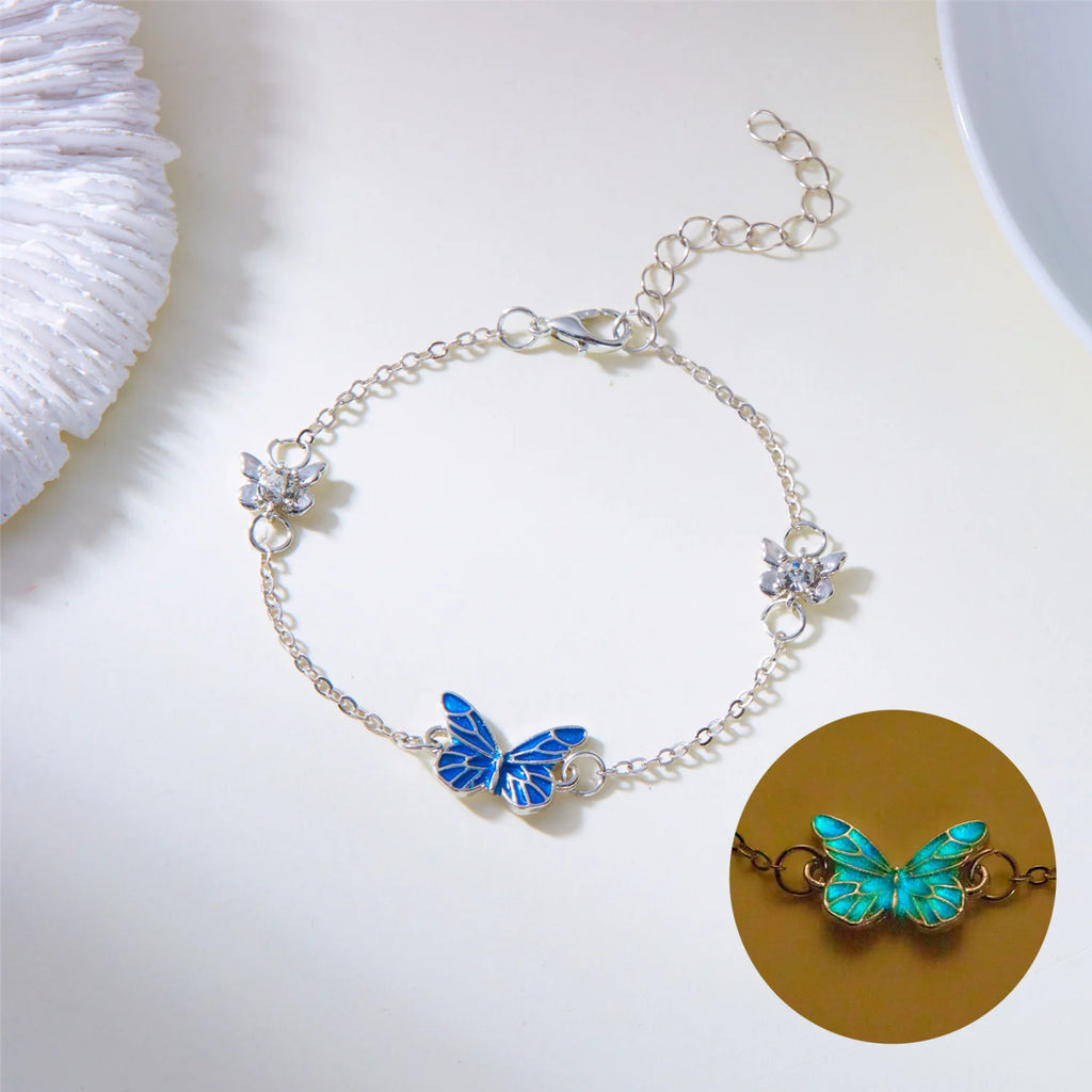 Fashion Blue Luminous Butterfly Necklace Bracelet Set for Glow in the Dark Women Clavicle Chain Choker Party Jewelry Set Gift