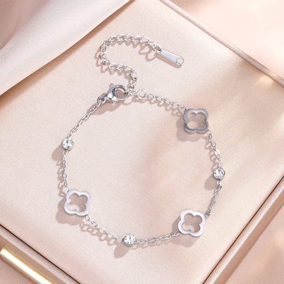 Yupsk Fashion Hollowed-out Four-leaf Flower Zircon Inlaid Stainless Steel Bracelet Trendy Party Clover Jewelry Gift for Women
