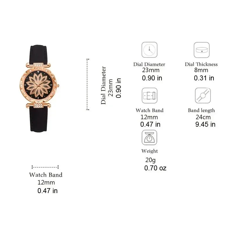 5/6PCS Set Rose Gold Luxury Watch Women Ring Necklace Earring Rhinestone Fashion Wristwatch Casual Ladies Bracelet( No Box)