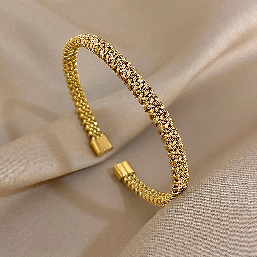 Vintage Golden Stainless Steel Weave Bracelet for Women Men Trendy 5 7 10 14mm Size Chunky Bangle Bracelets Waterproof Jewelry