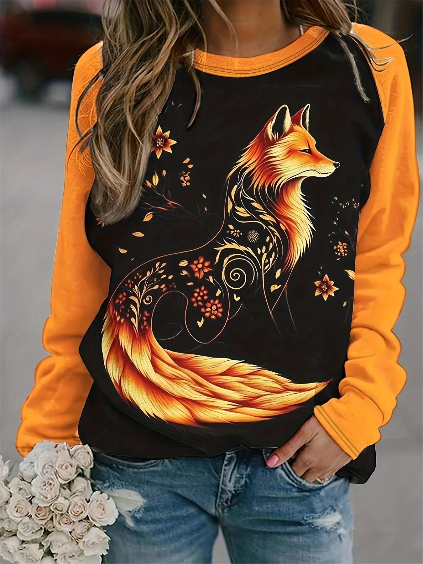 Women's 2024 sleeves stitching fox print round neck long sleeve party autumn casual pullover 3d printing casual fashion tops