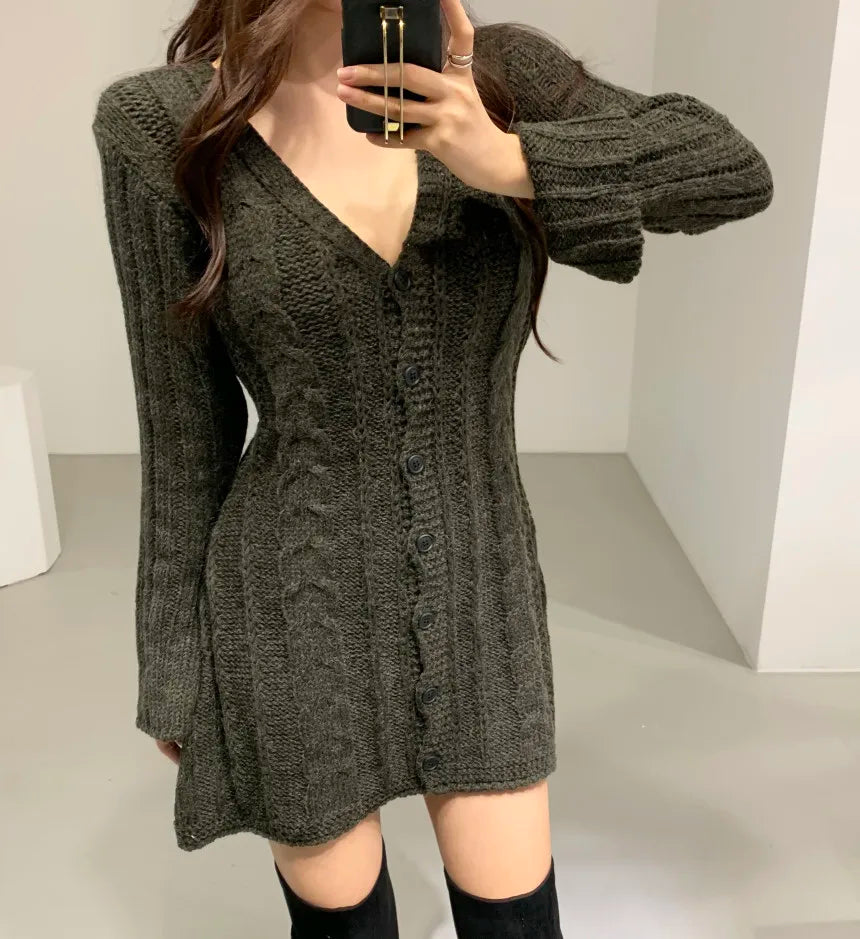Sweater Dress for Women Long Sleeve Cable Knit Button Down Knitted Mini Dress for Women Teen-girl Fall Winter Chic Outfit