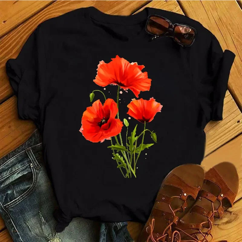 Female Short Sleeve Tshirt Harajuku Tee Shirts Girls T-shirts Fashion Red Poppy Women T Shirt Funny Black Printed Tops Tee