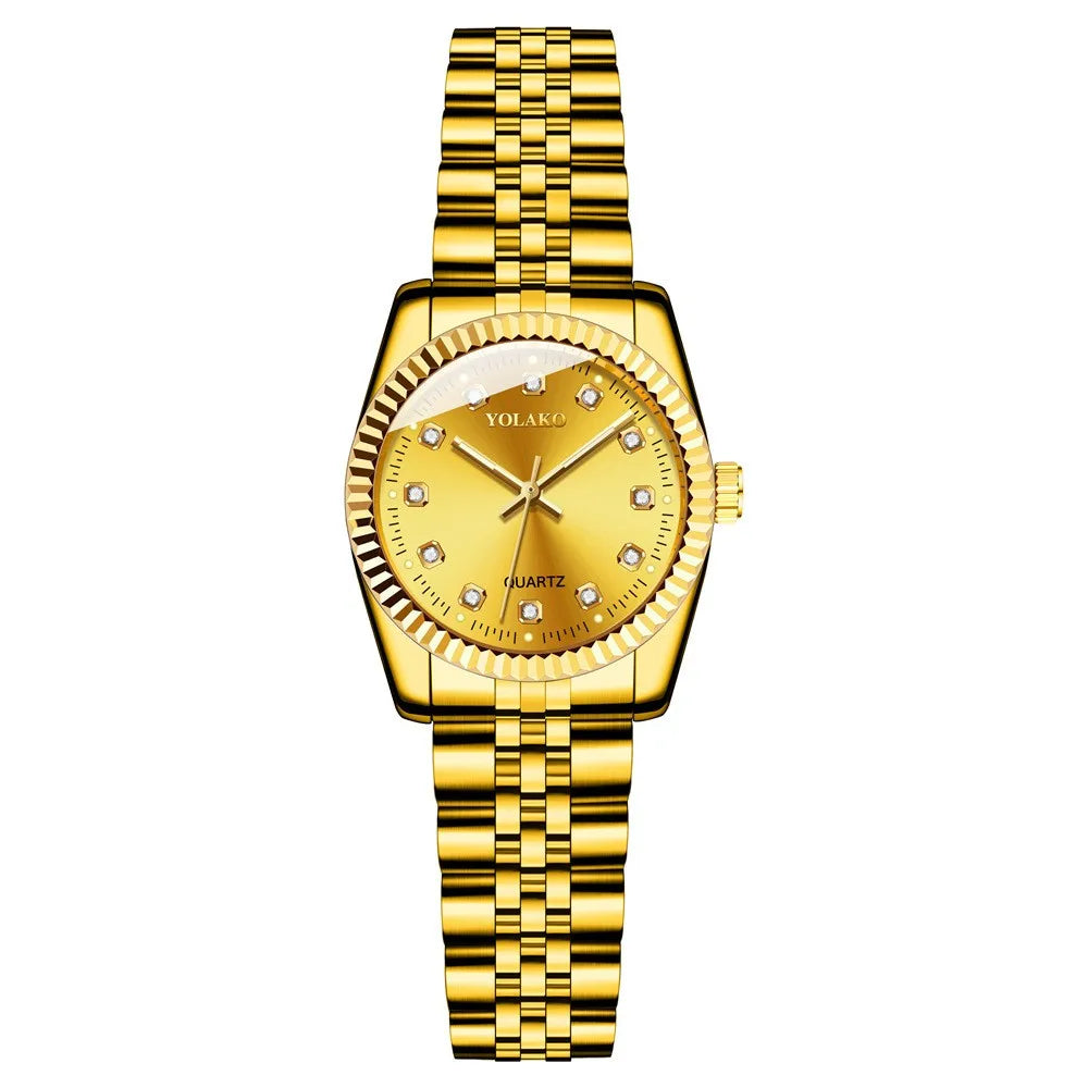 Watches for Women Simple Casual Student Fashion Quartz Diamond-Encrusted Steel Band Calendar Gold Set Men's Watch Couple