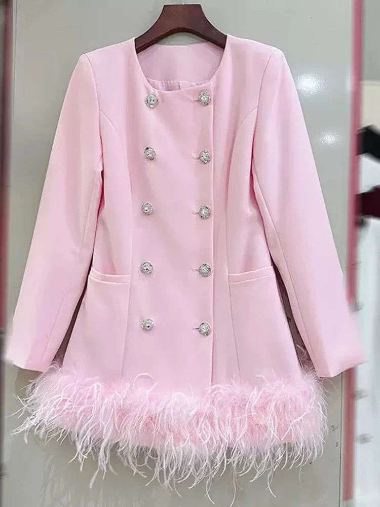 Retro round neck double-breasted square drill hem stitching ostrich hair suit dress autumn new female high-grade short dress ski