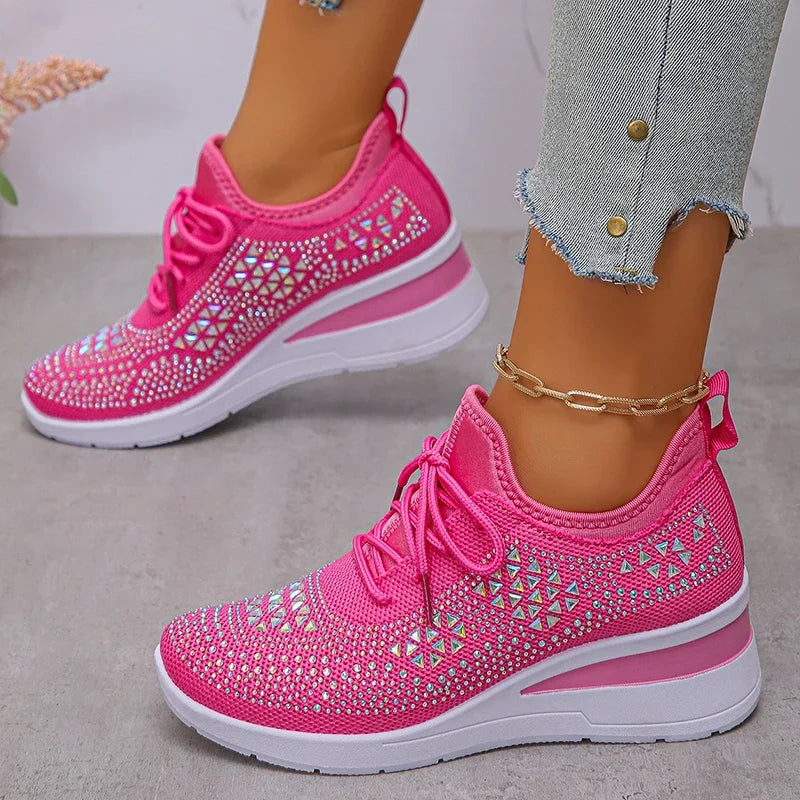 Women's Shiny Rhinestone Wedge Sneakers Breathable Knit Non Slip Walking Shoes Woman Plus Size Fashion Thick Sole White Sneakers