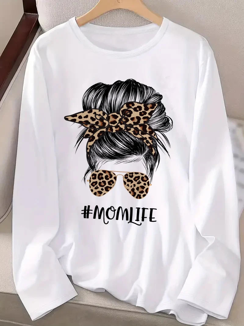 Y2k Leopard Glasses Bow Portrait Graphic Mom Life T Shirt Women's Casual Long Sleeve T-Shirt Crew Neck Top Tee Tshirt