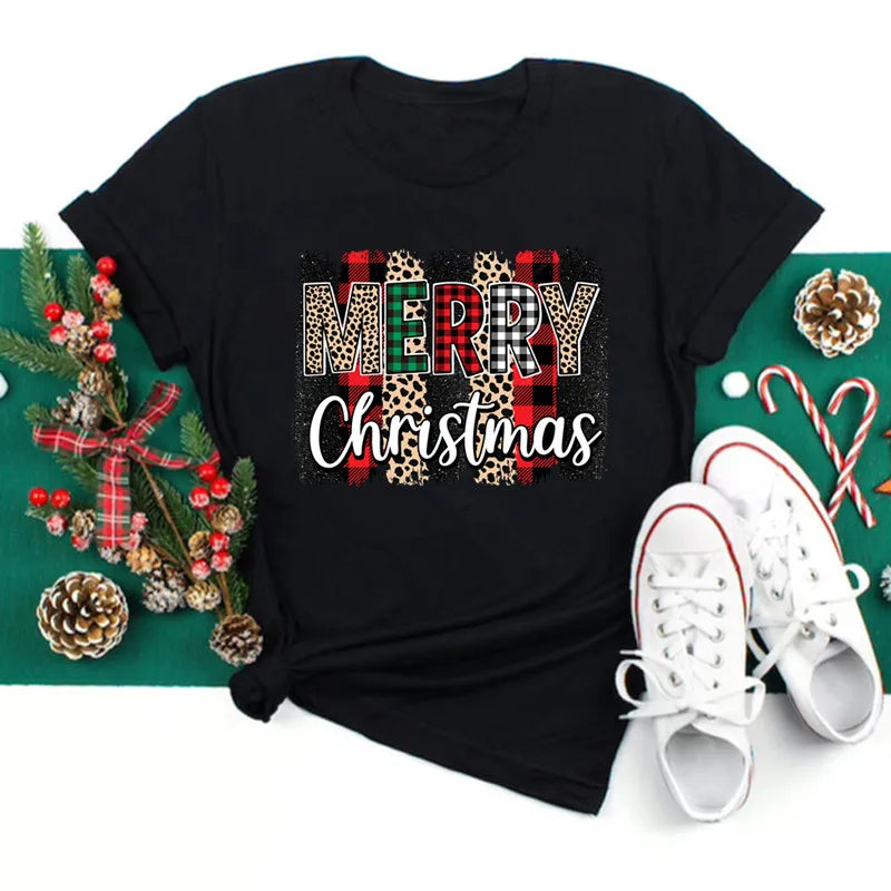 Funny Love Merry Christmas women's Clothes Santa Print Female T-shirts Black red white Casual Women Tops Xmas Party women's Tops