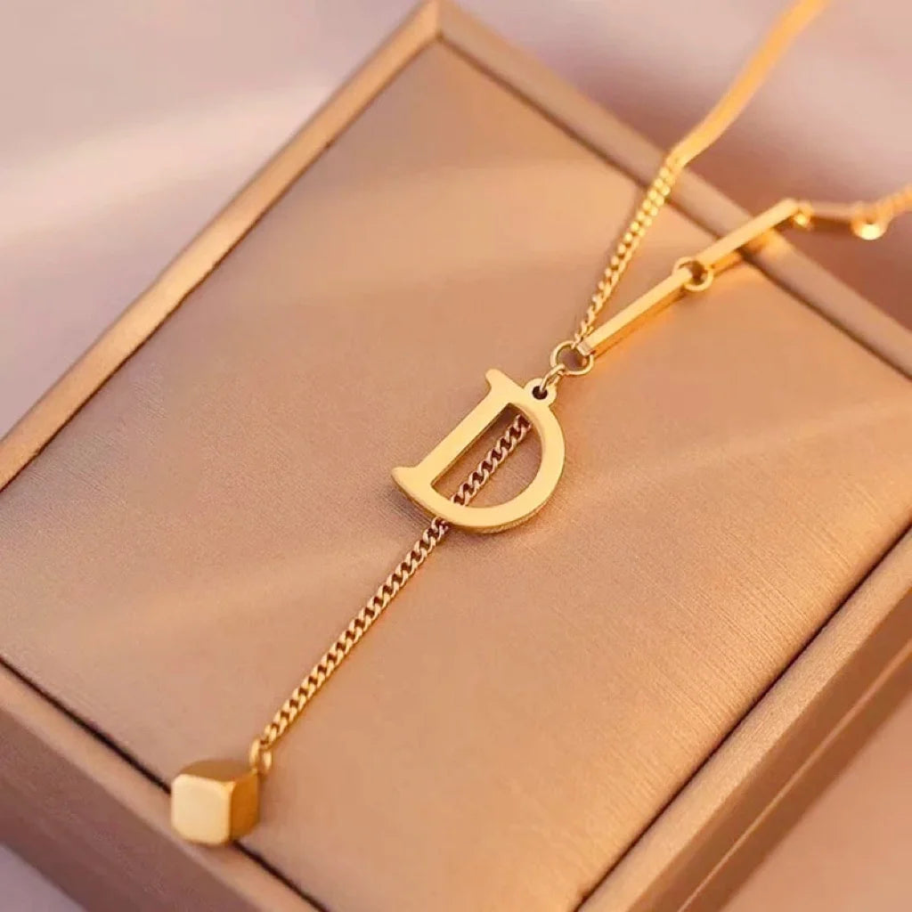 Luxury 24K 9999 Pure Gold real gold D Letter Women Necklace Geometric Square Pendant Clavicle Chain