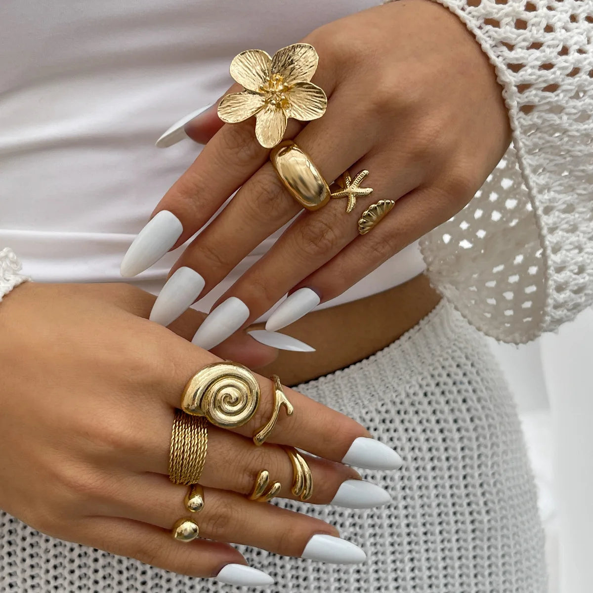 DIEZI One Set Vacation Beach Style Flower Starfish Knuckle Rings For Women Bohemian Vintage Gold Silver Color Open Joint Ring