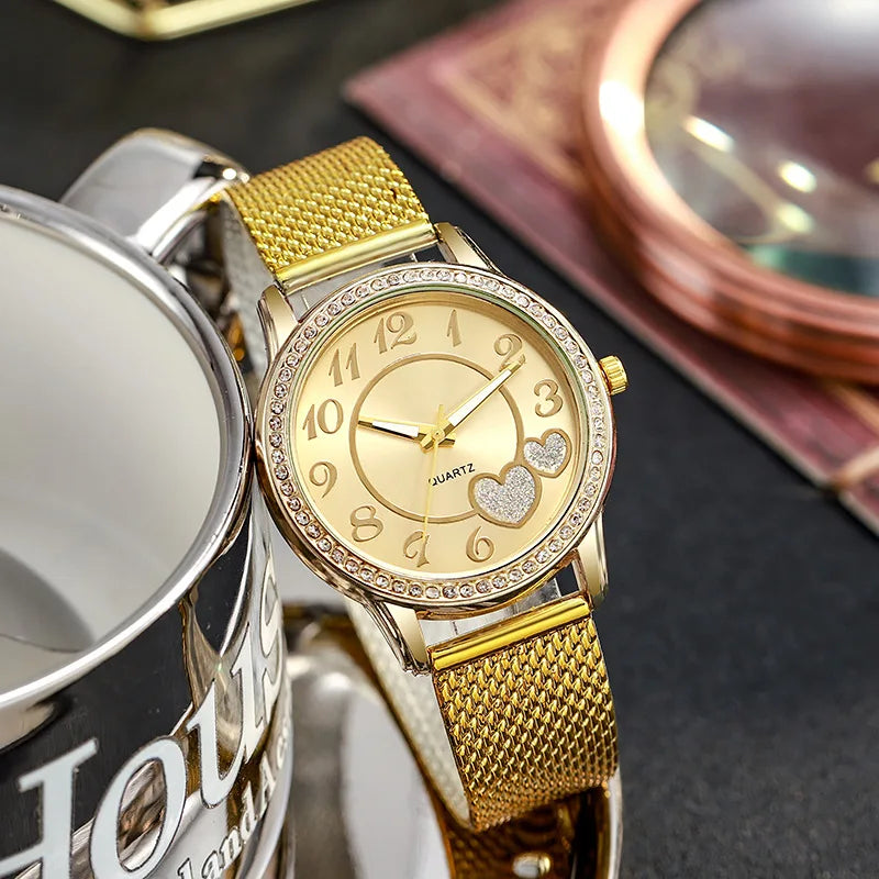 Inlaid Rhinestone Heart-shaped Dial Quartz Watch, Women's Strap Watch, Exquisite Dial, Clothing Accessories
