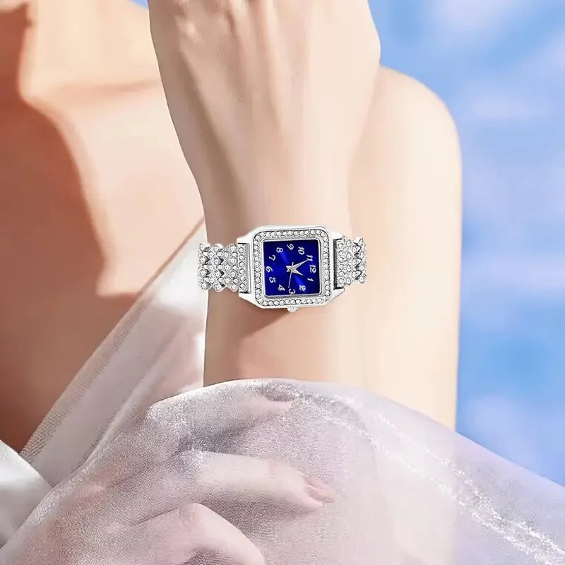 5Pcs/Fashion Roman Full Diamond Square Ladies Watch Women's Quartz Watch + Necklace, Earrings, Rings Jewelry Set