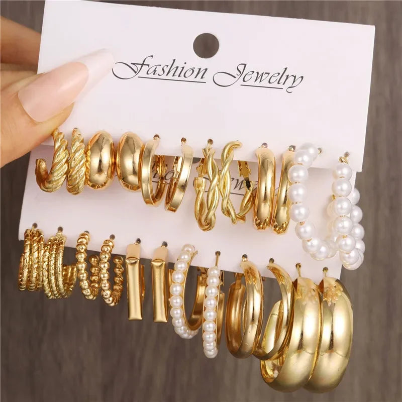 Boho Big Metal Circle Hoop Earring Set for Women Gold Color Bohemia Vintage Pearl Earring Zircon Ear Studs Jewelry Party Gifts