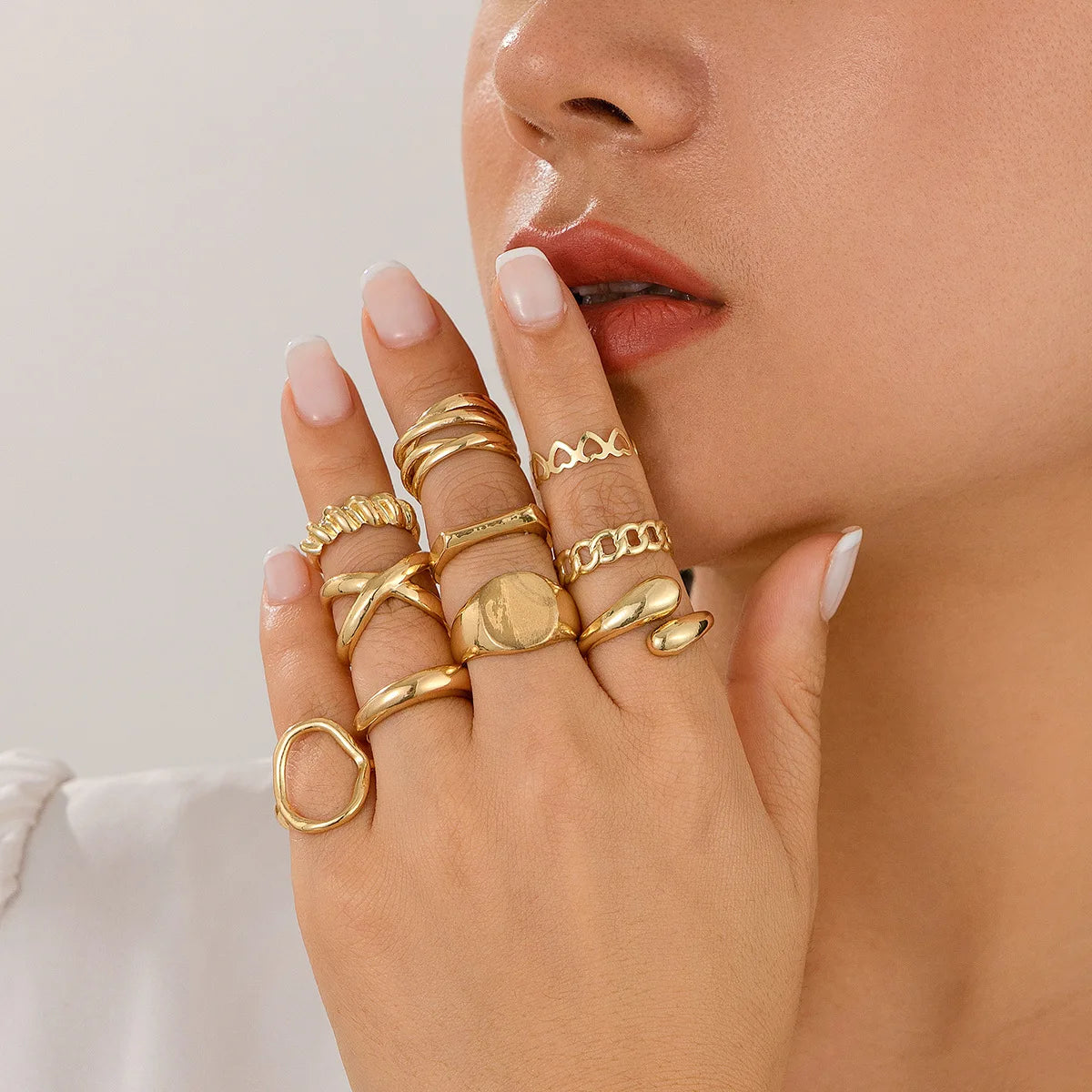 10Pcs/Set Trendy Gold Silver Color Geometric Cuff Rings Set for Women Girl Metallic Stainless Steel Minimalism Fashion Chic Ring