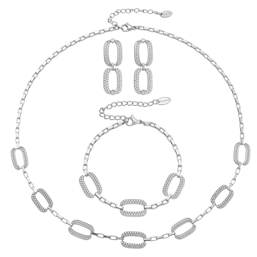 Stainless Steel Chain Necklace Bracelet Matching Earring For Women 18k Gold Plated With Zircon Necklaces Bracelets Earrings Set