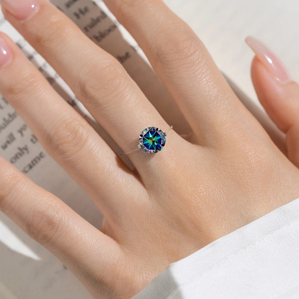 MUXIFC Transparent Fishing Line Moissanite Engagement Ring for Women S925 Silver GRA Pink Blue Diamond Ring Wedding Band Jewelry