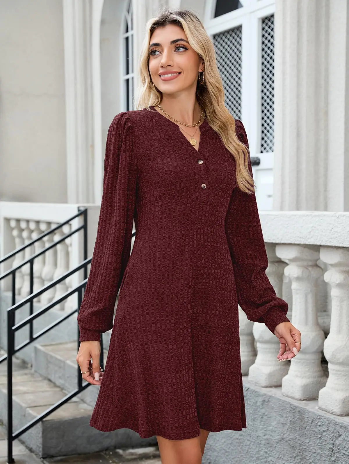 ZAFUL Womens Long Sleeve Fall Dresses with Pockets V Neck Button Casual Bodydoll Knit Sweater Dress 2025