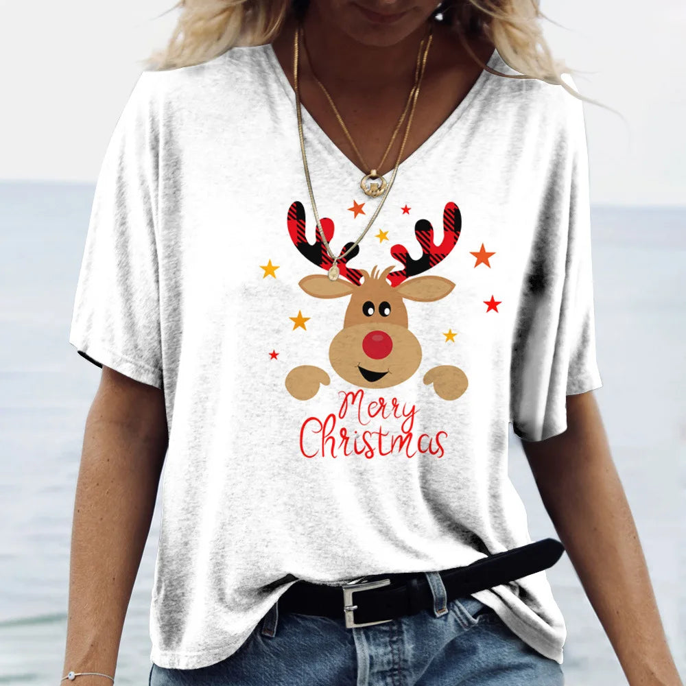 Merry Christmas Women's Short sleeved V-neck T-shirt Christmas Tree Santa Claus Letter Print Simple Trendy Trend Women Clothing