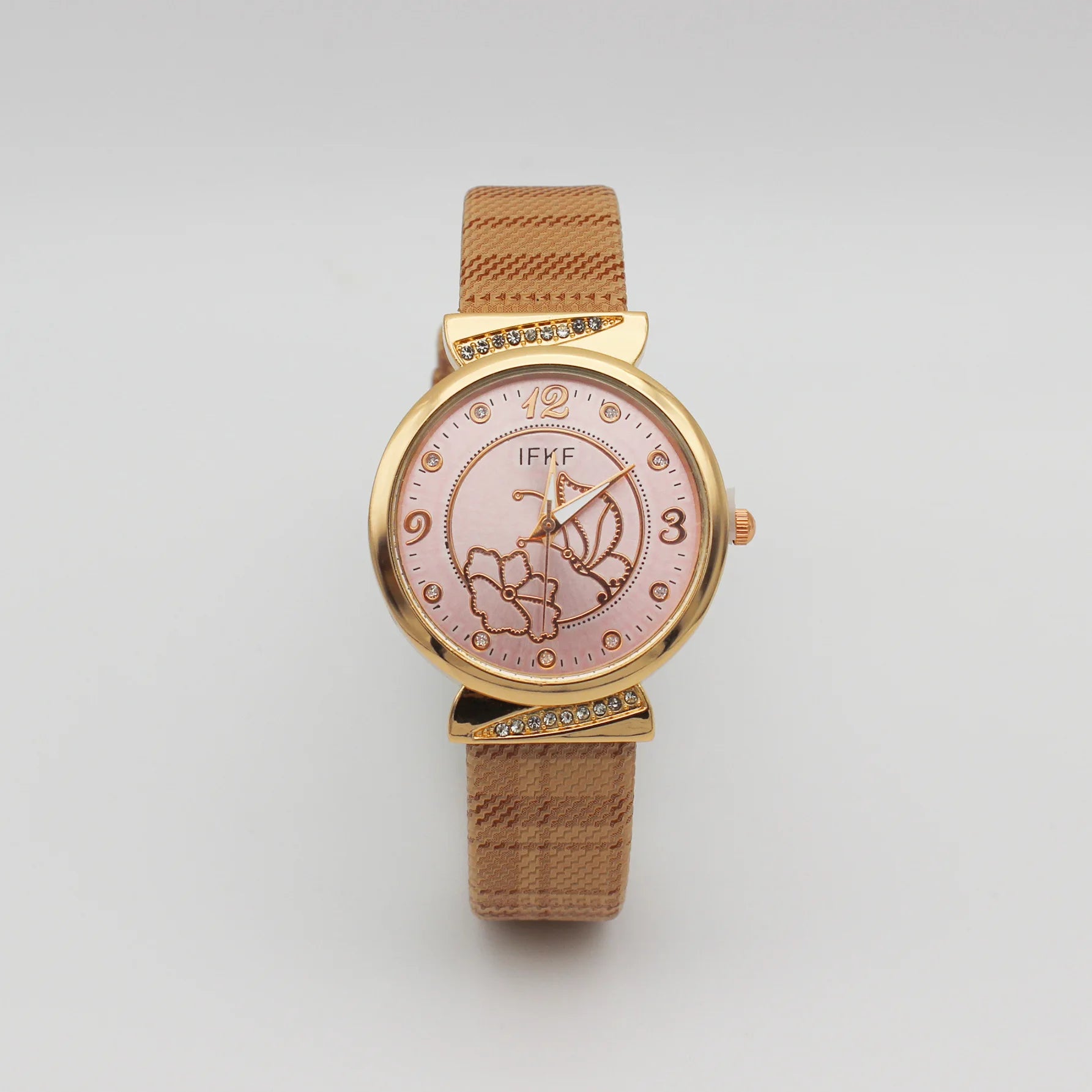 Elegant Rhinestone Butterfly Watch for Women Flower Quartz Crystal Dress Watch with Plaid Leather Strap Fashion Ladies Wristwatc