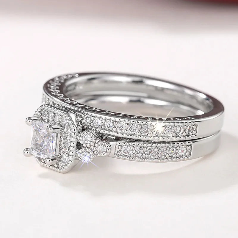925 Sterling Silver Set Rings for Women 2Pcs Luxury Cubic Zircon Wedding Accessories Temperament Elegant Female Jewelry