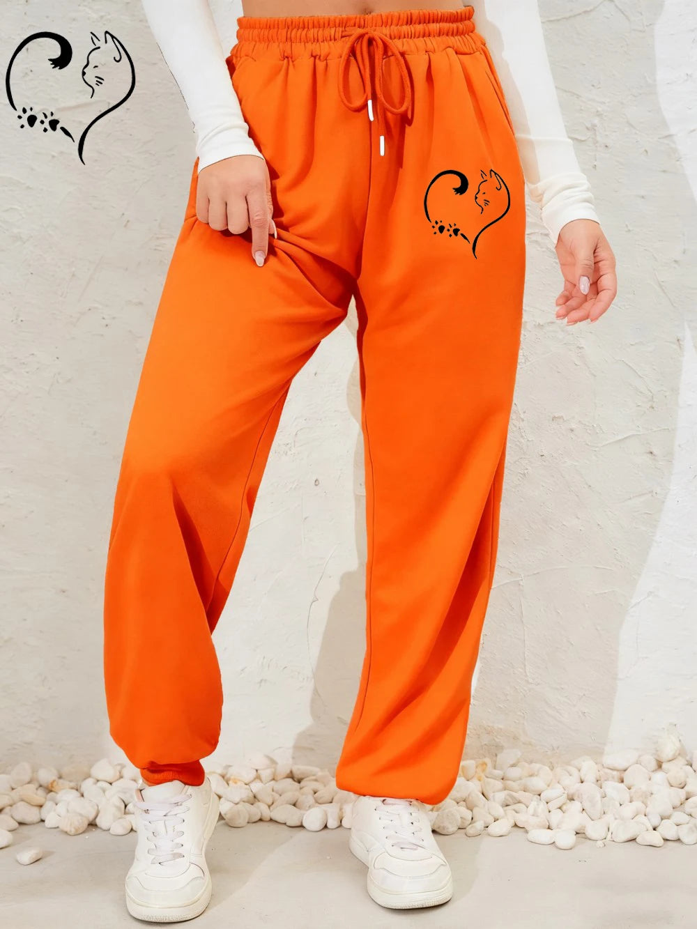 Cat Heart Prints Sweatpants Womens Autumn Winter Jogger Pants Elastic Waist Comfortable Loose Trousers Trend Womans Clothing