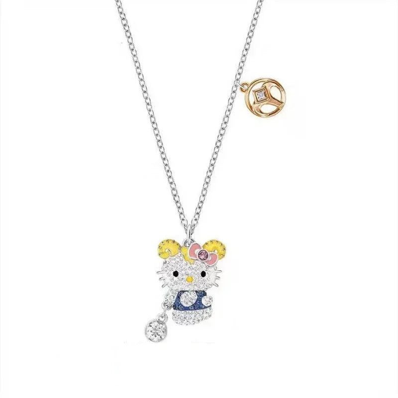 Sanrio Hello Kitty Necklace Anime Character Pink Peach Heart Crystal Cat Push-Pull Bracelet Pendant Couple Decoration Girl Gift