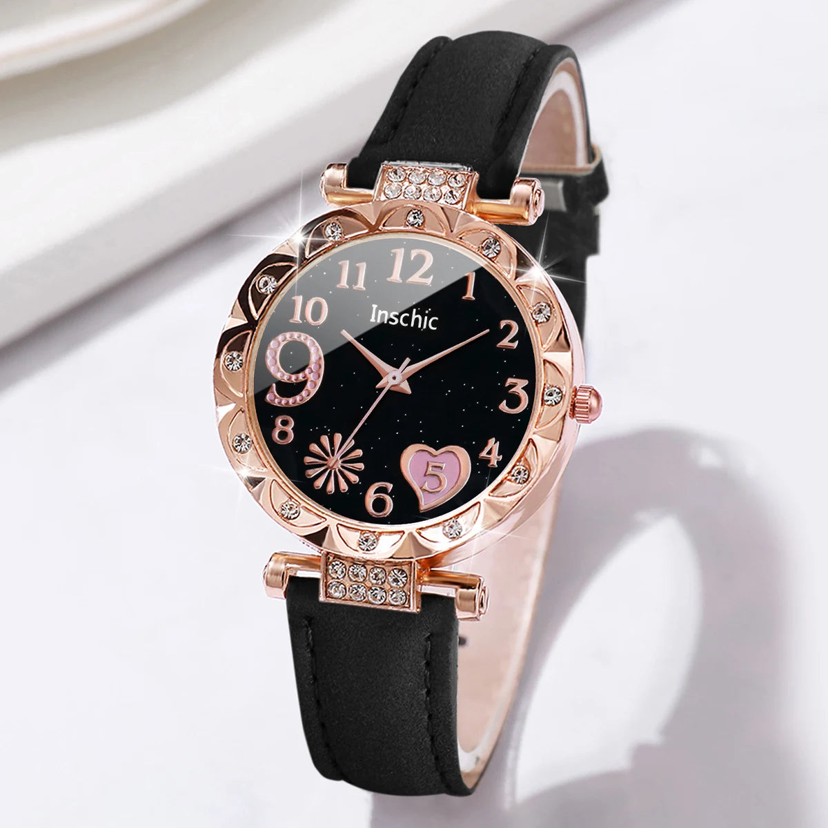 6PCS Women's Watch Fashion Heart Dial Leather Band Quartz Watches Rhinestone Jewelry Set（Without Box）