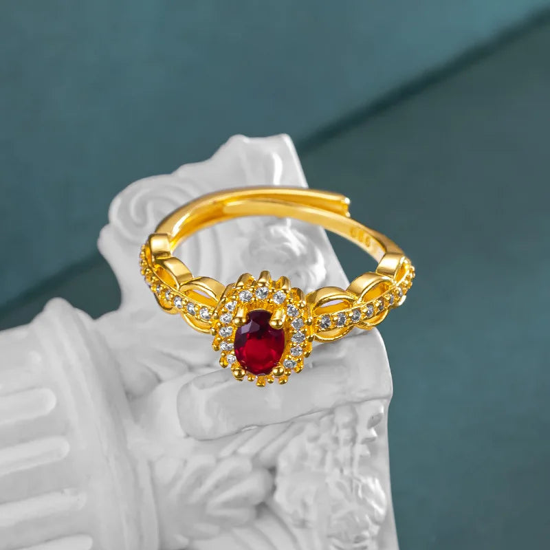 Luxury 24K 9999 Pure Gold real gold Vintage Lace Red Diamond Women's Ring Adjustable Women's Ring for Lover Gift