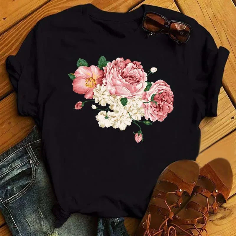 Female Short Sleeve Tshirt Harajuku Tee Shirts Girls T-shirts Fashion Red Poppy Women T Shirt Funny Black Printed Tops Tee