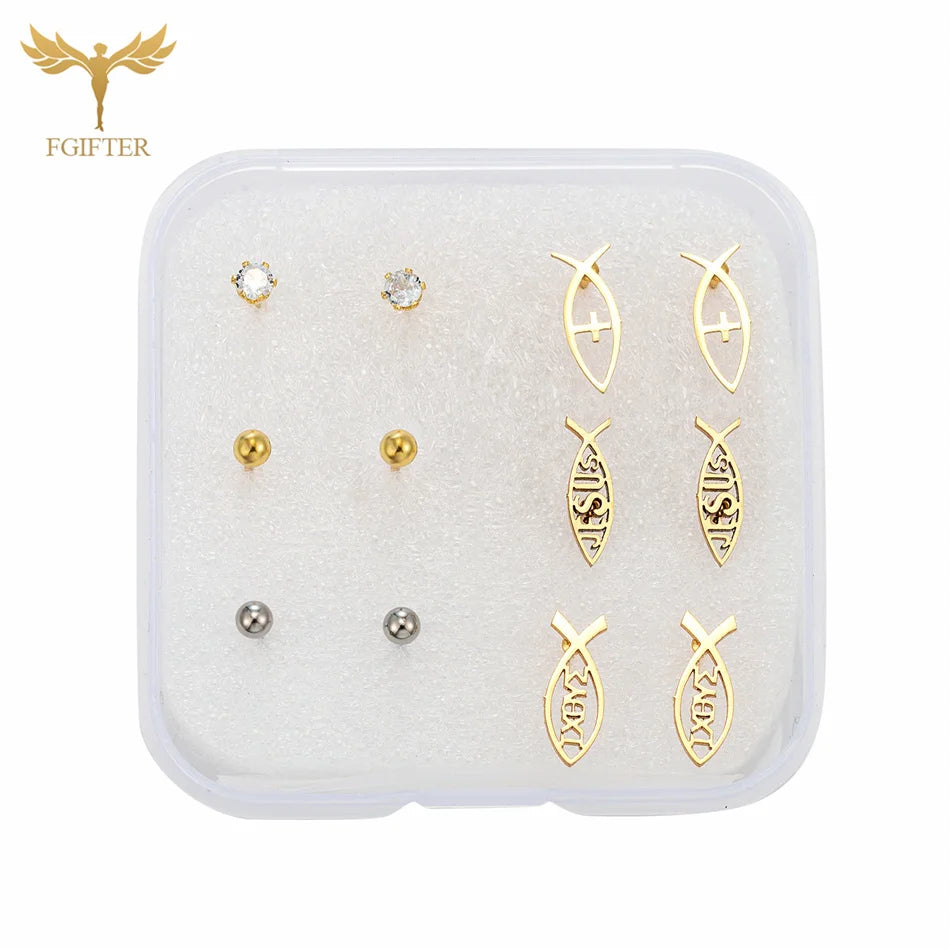 Christian Jesus Cross Earrings Zircon Balls Stainless Steel Stud Earings Set Women Men Jewelry Small Christmas Gifts With Box