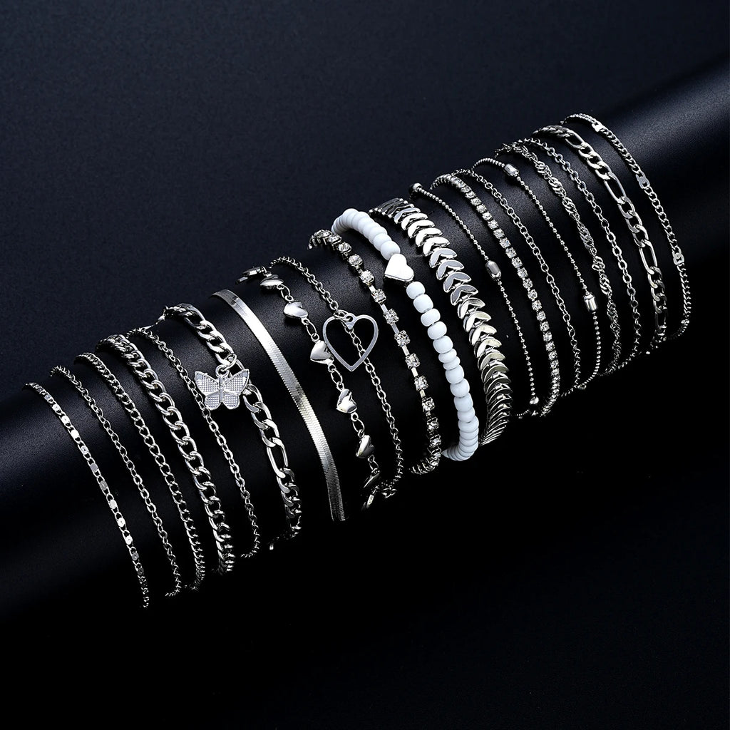 19Pcs/Set New Design Silver Color Anklet Sets for Women Fashion Pearl Butterfly Heart Crystal Foot Chain Versatile Daily Jewelry