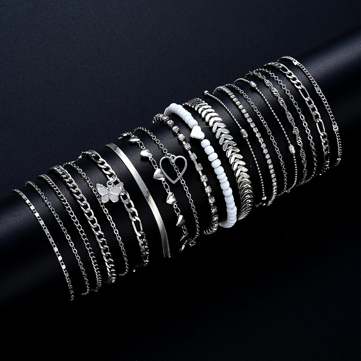 19Pcs/Set New Design Silver Color Anklet Sets for Women Fashion Pearl Butterfly Heart Crystal Foot Chain Versatile Daily Jewelry