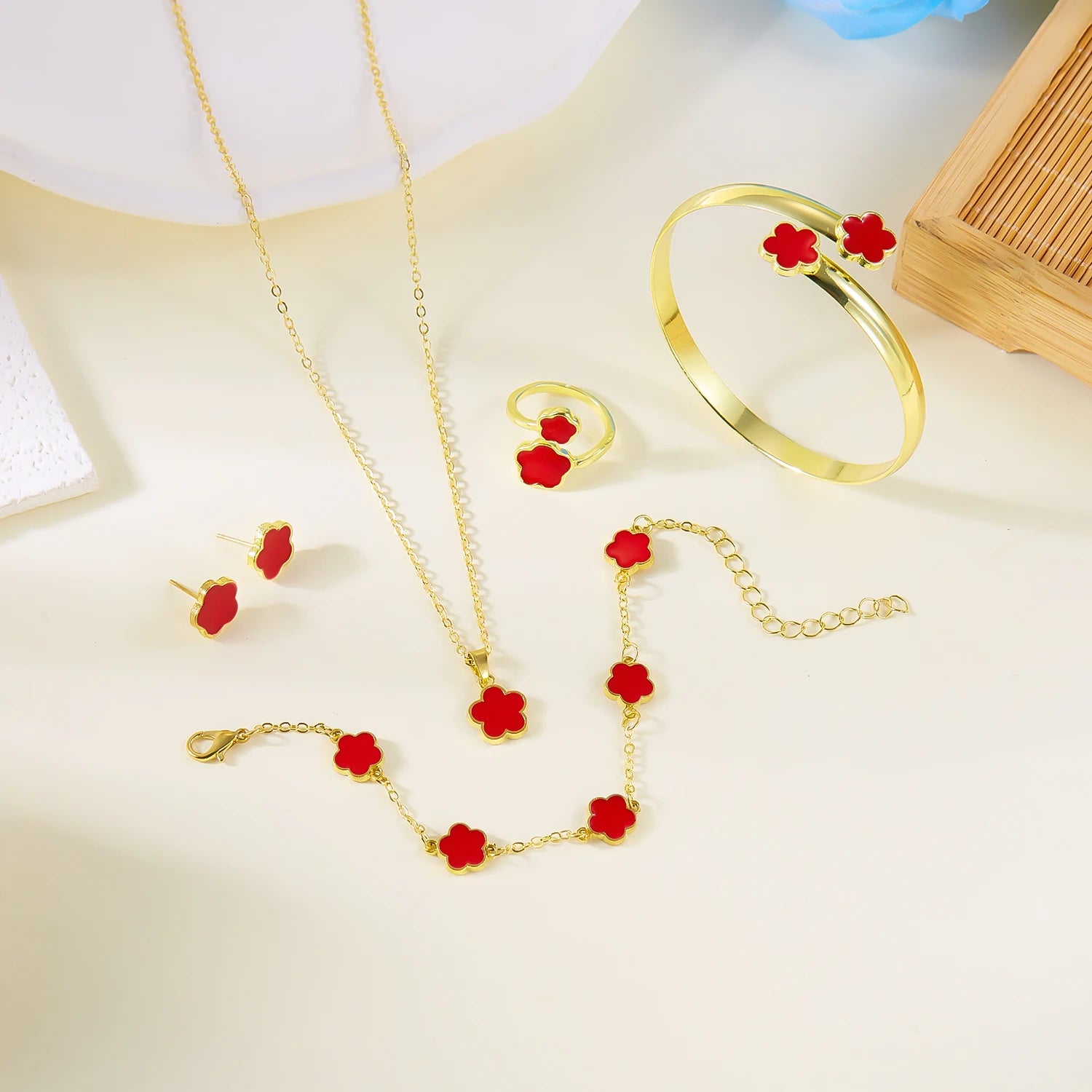 5pcs/set Colorful Enamel Plum Blossom Bracelets for Women Lucky Five Leaf Flower Necklace Earring Elegance Party Jewelry Gifts
