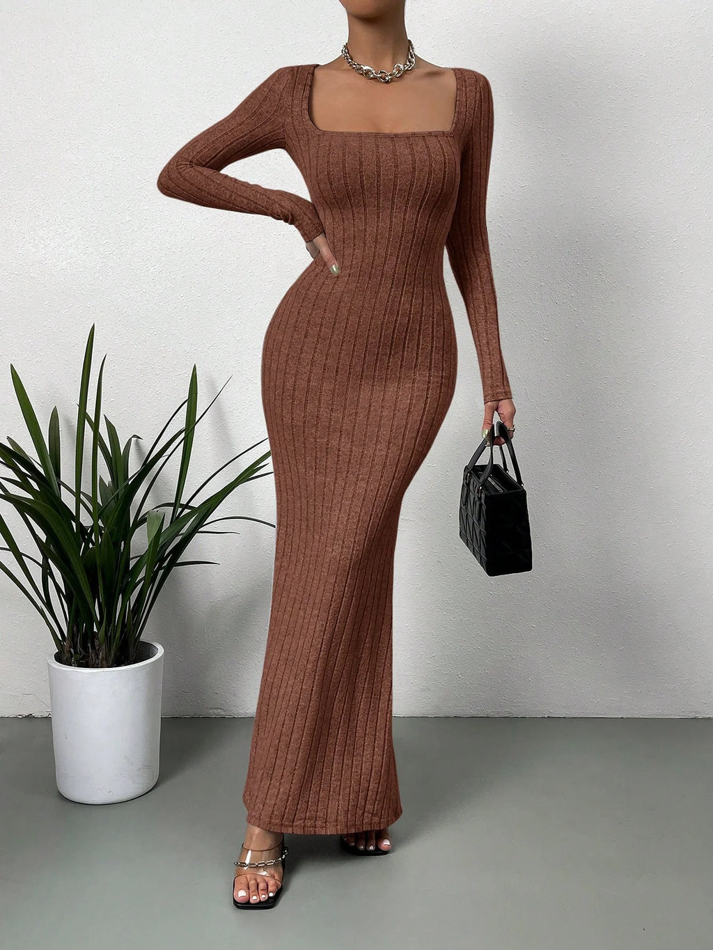 Women's Sexy Square Neck Mid-Length Knitted Dress Slim Fit Retro Long-Sleeved Wrap Hip Robe for Fall