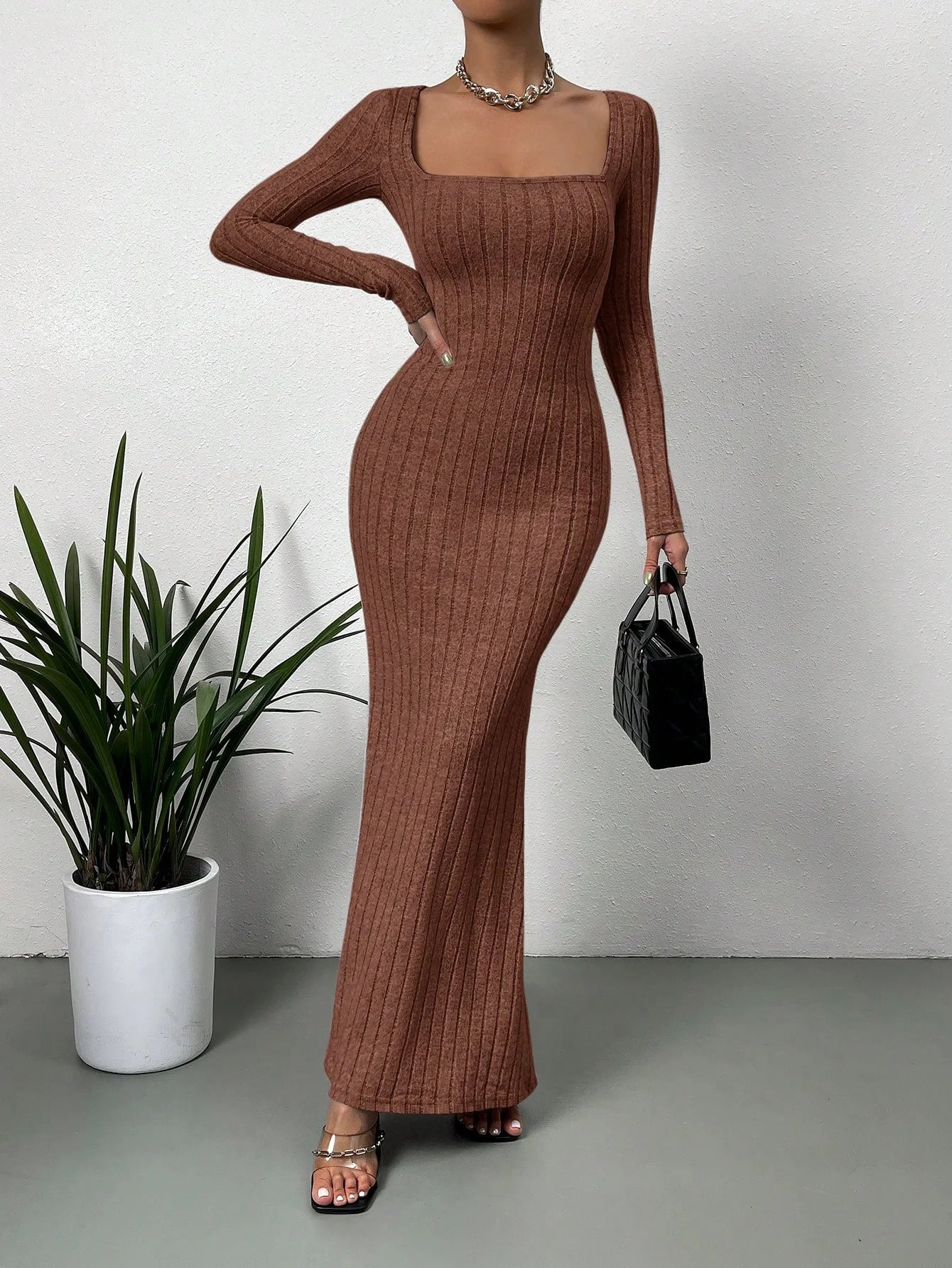 Women's Sexy Square Neck Mid-Length Knitted Dress Slim Fit Retro Long-Sleeved Wrap Hip Robe for Fall